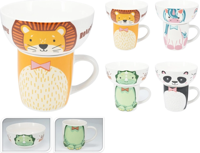 Gyermek porcelán készlet – bögre és tál, vegyes állatminták