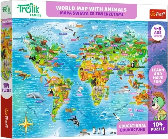 Gyermek oktató puzzle Világtérkép állatokkal (104 darab)
