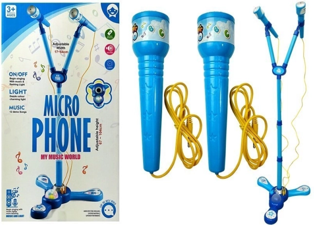 Gyerek karaoke szett dupla mikrofonnal állványon – kék