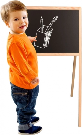 Kétoldalas fa gyerektábla, mágneses – kréta és szárazon törölhető filctoll, 84 × 43 × 50 cm
