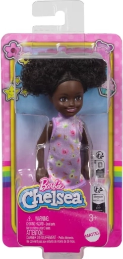 BARBIE Chelsea baba, lila virágmintás ruha, 15 cm