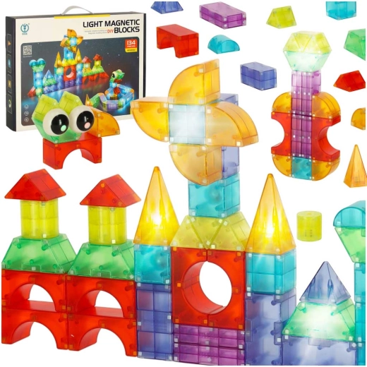 Mágneses építőkockák fényes elemekkel – 3D figurák – 134 db