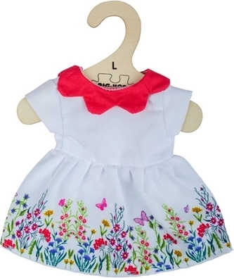 bigjigs toys fehér virágmintás ruha piros gallérral 38 cm-es babához