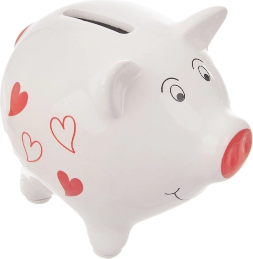 Kerámia persely malac 10 cm piros szívecskékkel