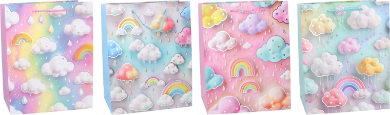 Ajándéktáska S 18 × 23 × 10 cm – pasztell gyerek mintával, szivárvánnyal és felhőcskékkel