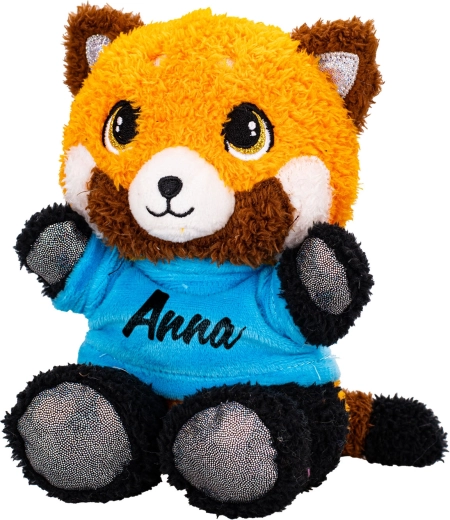 Plüss piros panda 17 cm-es, nyomott mintás pólóban