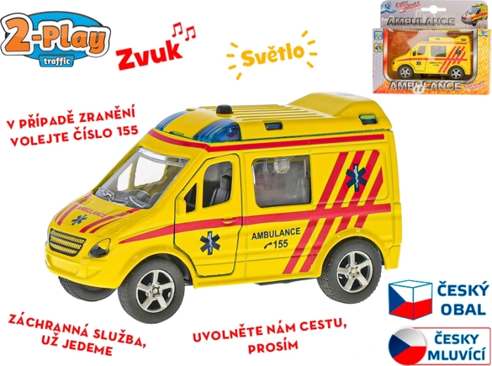 2-Play Traffic mentőautó, 11 cm, fém, felhúzós visszahúzós mechanizmussal, cseh hangbemondással és fényekkel