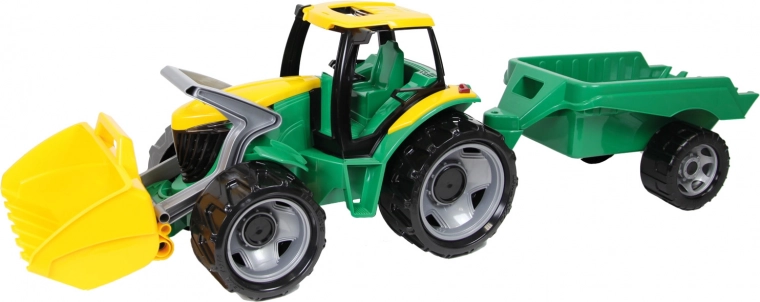Műanyag traktor rakodóval és pótkocsival, 90 cm