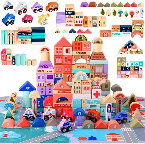 Fakészlet város építőjáték 115 darabbal és puzzle alaplappal KRUZZEL