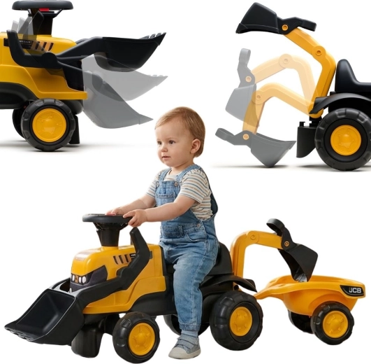 JCB traktor lábbal hajtós utánfutóval, lapáttal és gereblyével, 1–3 éves gyermekeknek
