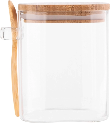 Négyzet alakú boroszilikát üveg tároló 800 ml bambusz fedéllel és kanállal