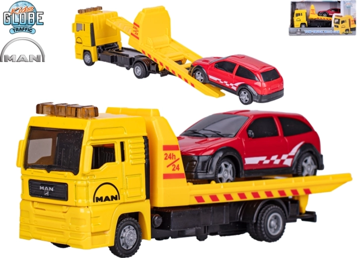 Kids Globe Traffic MAN autómentő – fém modell személyautóval 19 cm