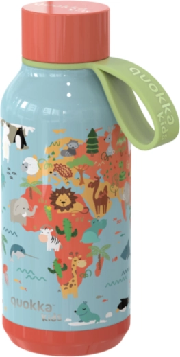 Quokka Kids Solid Map of Life rozsdamentes acél termosz palack, pánttal, 330 ml