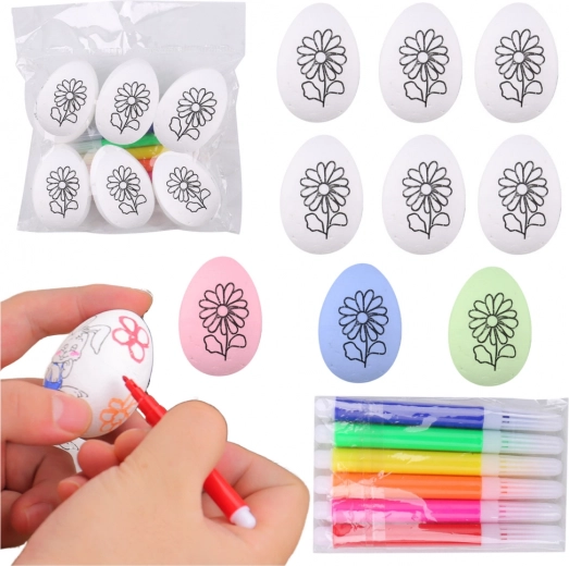 Festhető hungarocell húsvéti tojások virágmintával, 6 db filctollal