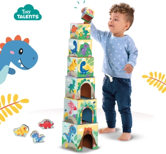Torony 7 kockából vidám dinoszaurusz illusztrációkkal