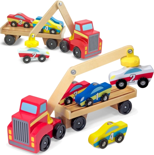 Melissa & Doug fa autószállító vontató mágneses daruval és kisautókkal