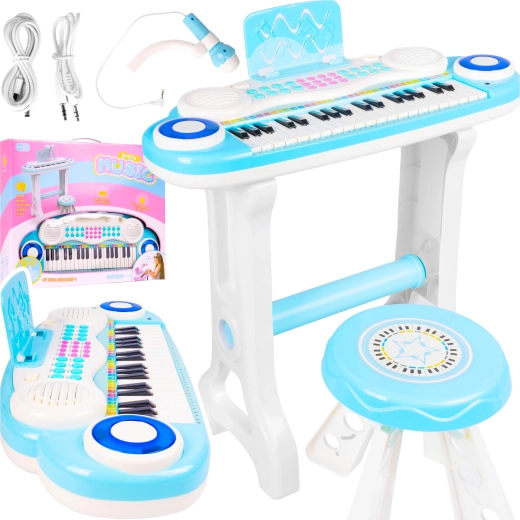 Gyerek elektronikus zongora mikrofonnal és székkel mp3, kék