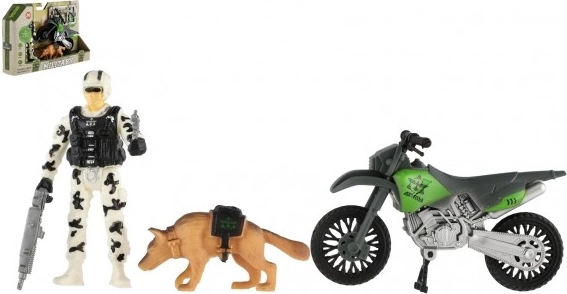 Katonai akciókészlet motorral, katonával és kutyával
