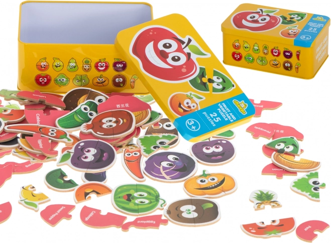 Színes oktatási puzzle gyümölcsök/zöldségek konzervdobozban