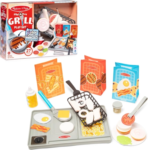 Melissa & Doug Flip & Fry grillkészlet színt változtató ételekkel, 27 darabos