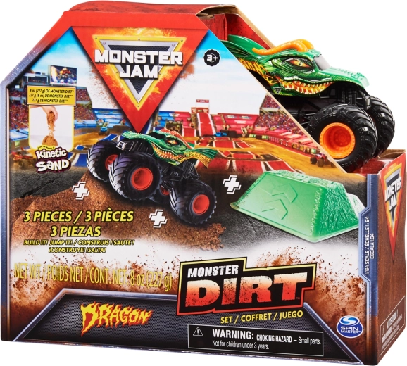 Monster Jam Dragon – fém monster truck 1:64 méretarányban ugrórámpával és homokkal