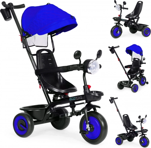 3 az 1-ben gyerek háromkerekű forgatható üléssel és napellenzővel, kék, ECOTOYS