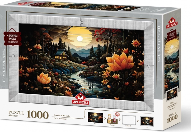 Puzzle Éji Szépségek 3 az 1-ben Kerettel és Ragasztóval, 1000 Darab