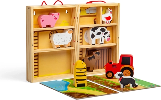 Bigjigs Toys hordozható, fából készült farm dobozban állatokkal és traktorral
