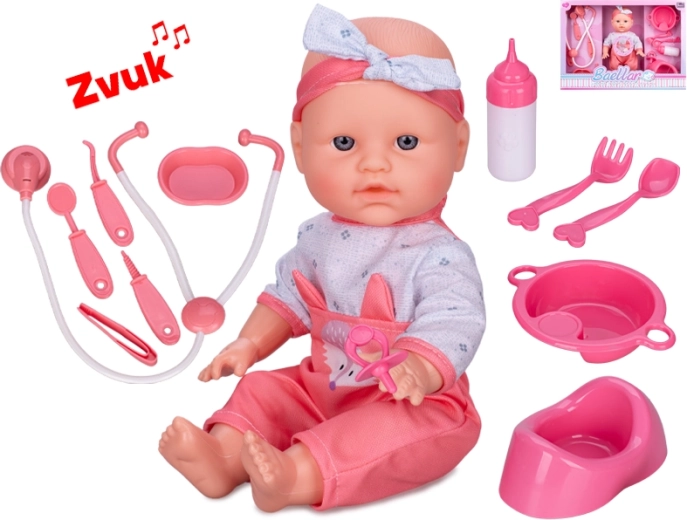 Interaktív babapólyás baba 30 cm kemény testtel, pisil és hangokat ad ki