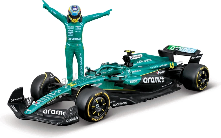Bburago Formula–1 modell Aston Martin AMR25 2025 Fernando Alonso versenyzőfigurával (14-es sz.) 1:24