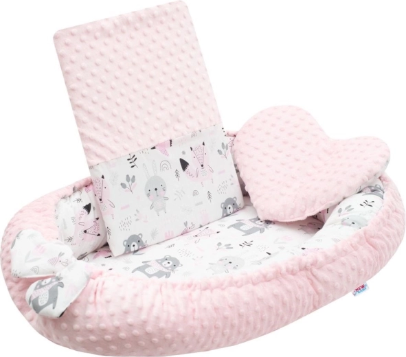 Luxuszos baba fészek párnával és takaróval, rózsaszín minky anyagból NEW BABY