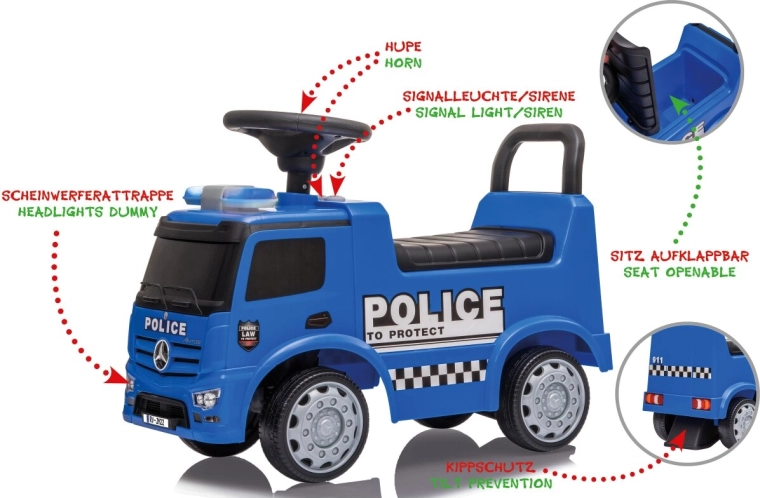 Mercedes-Benz Antos Police 2 az 1-ben gyermek lábbal hajtós járgány