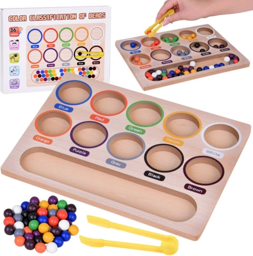Fából készült Montessori oktatós mozaik - színes golyók és szortírozó