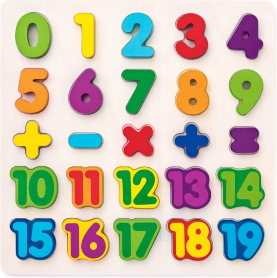 WOODY fa beillesztő puzzle – számjegyek és műveleti jelek – 25 darab