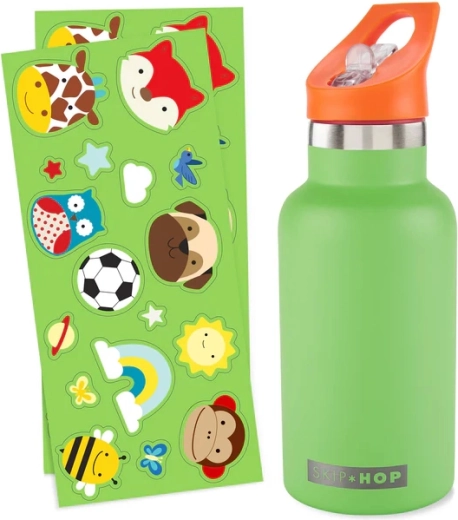 Skip Hop rozsdamentes acél szívószálas kulacs matricákkal, zöld, 380 ml