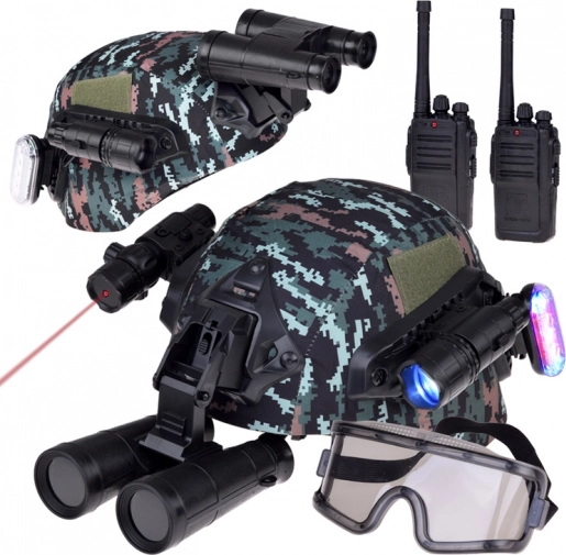 Katonai felszerelés készlet sisakkal, távcsővel és walkie-talkie-val