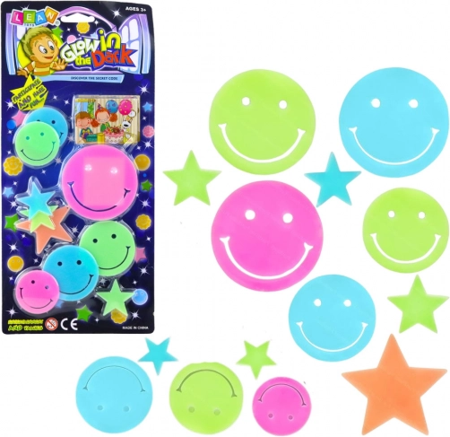 Fluoreszkáló fali matricák – smiley-k és csillagok, 10 db