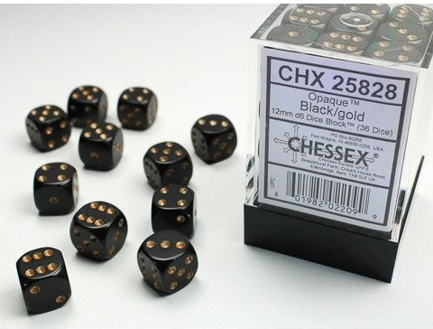 Chessex opak fekete/arany d6 kockák 12 mm (36 db)