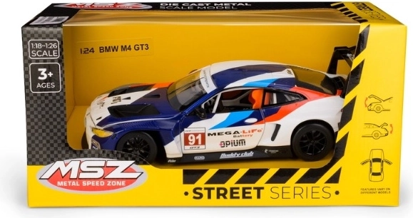 BMW M4 GT3 versenyautó-modell 1:24 méretarányban, kék-fehér