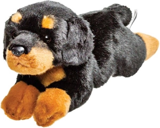 Plüss Rottweiler kutya – élethű, pihenő pózban