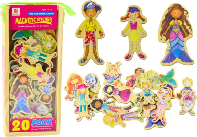 Fa mágneses figurák színes jelmezekben, 20 db
