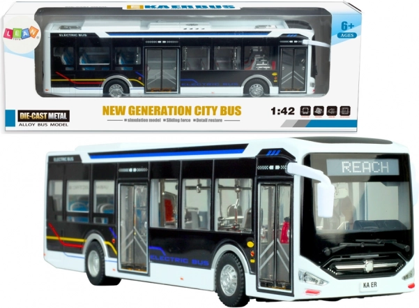 Elektromos városi busz 1:42 fémből fehér világítással