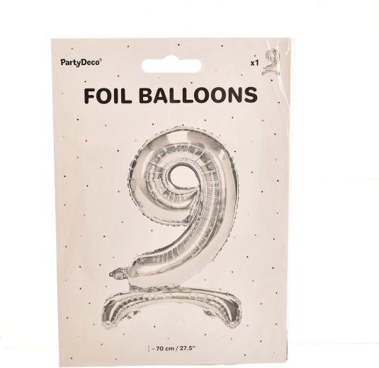 Álló fólia lufi 9-es szám ezüst 70 cm