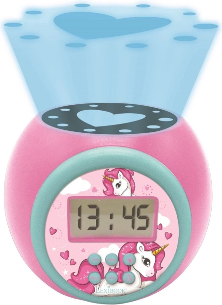 Gyermek ébresztőóra projektorral, unikornis témával és éjjeli fénnyel