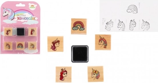 Fa bélyegzők párnával – unikornisok és szivárvány (5+1), 3 × 3 cm
