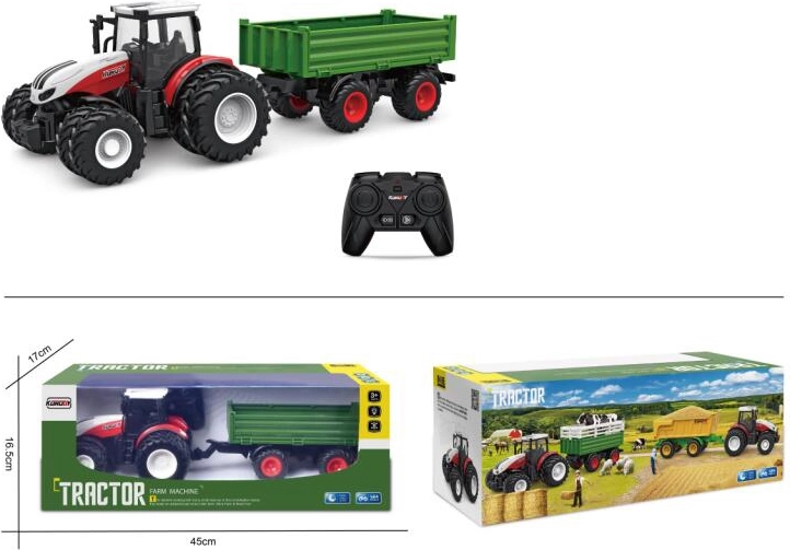 Távirányítós traktor pótkocsival és lámpákkal