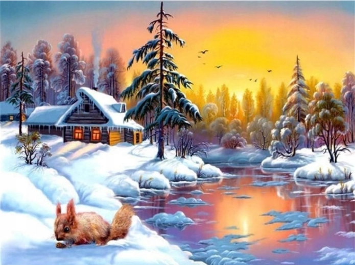 Norimpex gyémántfestés Téli ház a tóparton mókusokkal 30 × 40 cm