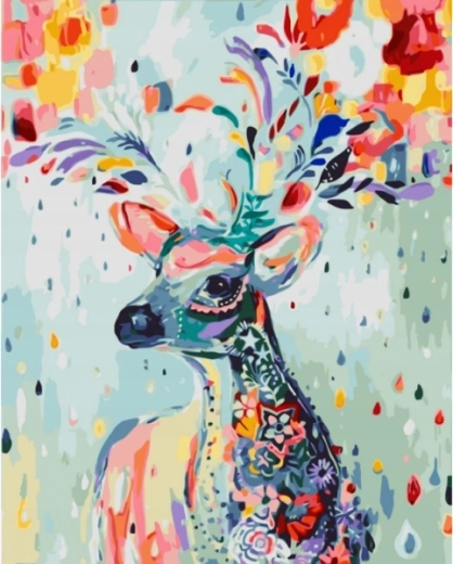 Számozott festés feszített vásznon, keretben 40 × 50 cm – színes szarvas