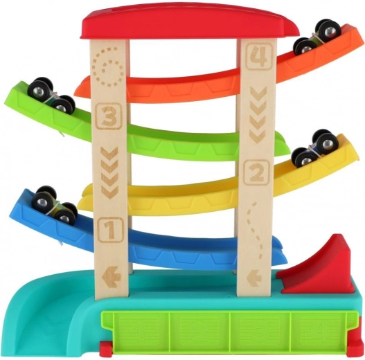 Kaszkádos autópálya 4 kisautóval, fa és műanyag, 33 × 32 × 10 cm