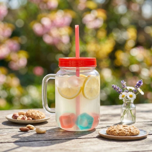 Piros pohár szívószállal és hűtőkockákkal, 550 ml